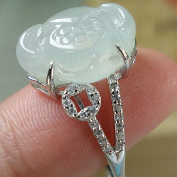 Certified Icy White Natural A jadeite jade Lotus Ring 925 Silver戒指（Free Size） - Picture 6 of 11